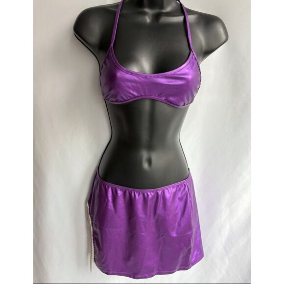 Two Piece Neon Purple Set Dancewear Festival Rave Fringe Skirt Top Futuristic M - Picture 1 of 11